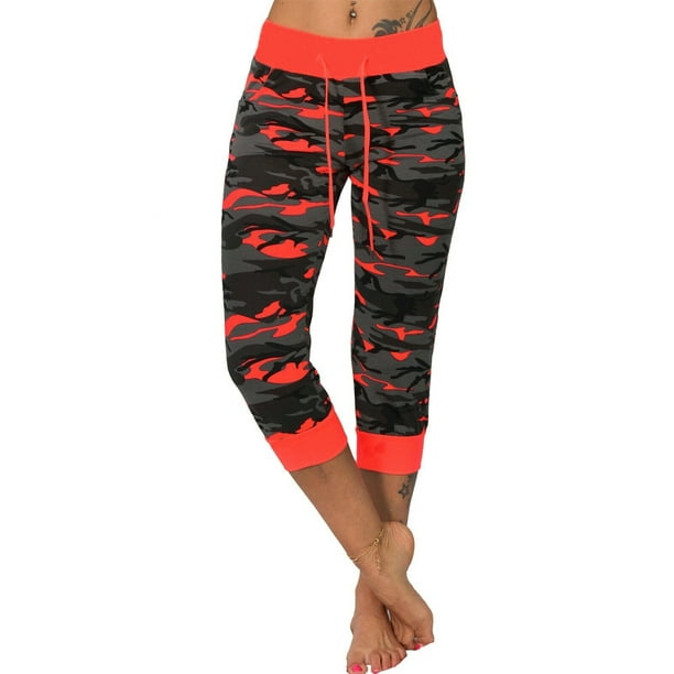MAWCLOS Ladies Capri Pants Elastic Waist Bottoms Drawstring Sport Trousers  Casual Fitness Camouflage Print Workout Pant Red XL