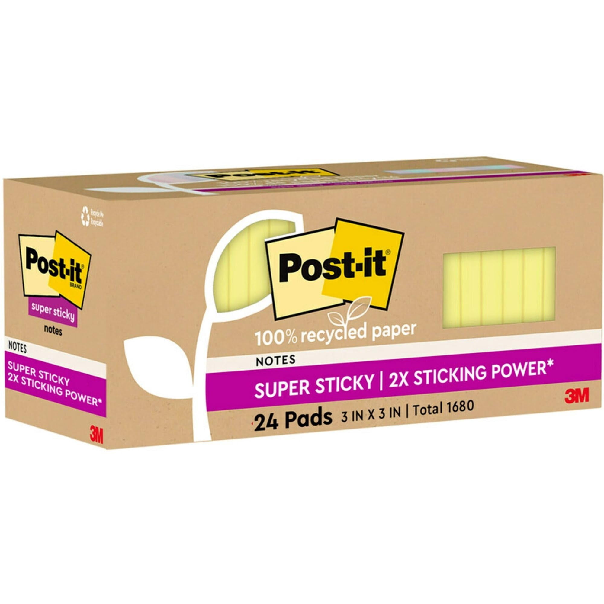 Post-it Super Sticky Recycled Notes, 3 in x 3 in, 24 Pads, 70 Sheets/Pad, 2x the Sticking Power, Canary Yellow, 100% Rec