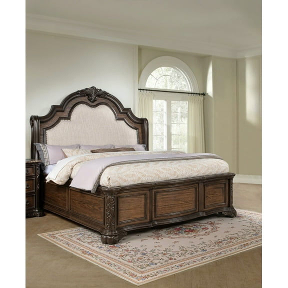 Formal Rich Wood Finish Upholstered Arched Headboard 1pc Queen Bed