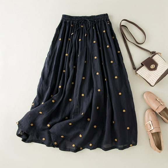 Wuxian Stylish Skirt For Women High Waist Polka Dot A-Line Skirt Boho Swing Retro Elastic Waistband Linen Hem Elegant Vintage Long Skirts,Navy,XL