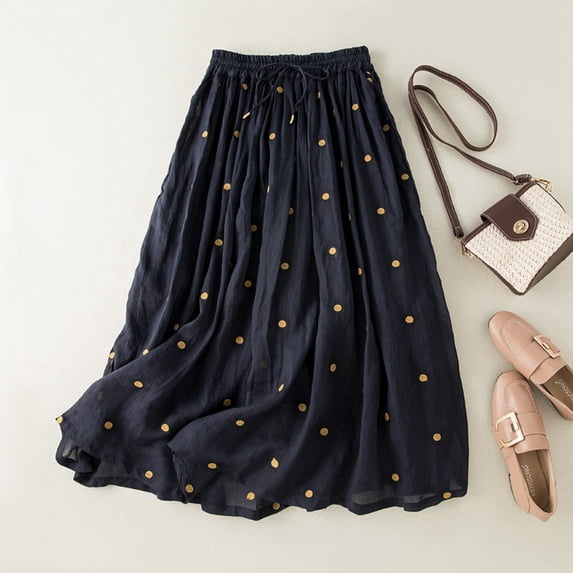 MIXUE Women Skirts Pleated Retro Polka Dots Print Elastic Waistbband Cotton Linen Hem Vacation A-Line Long Skirts