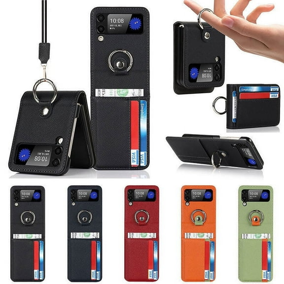 For Samsung Galaxy Z Flip3 5G Luxury PU Leather Card Slot Ring Holder Case Cover With Long Strap