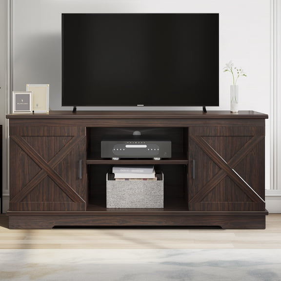 DWVO 59.5” Farmhouse TV Stand for 65 Inch TV, Mid Century Modern Entertainment Center with Double Barn Doors, Walnut