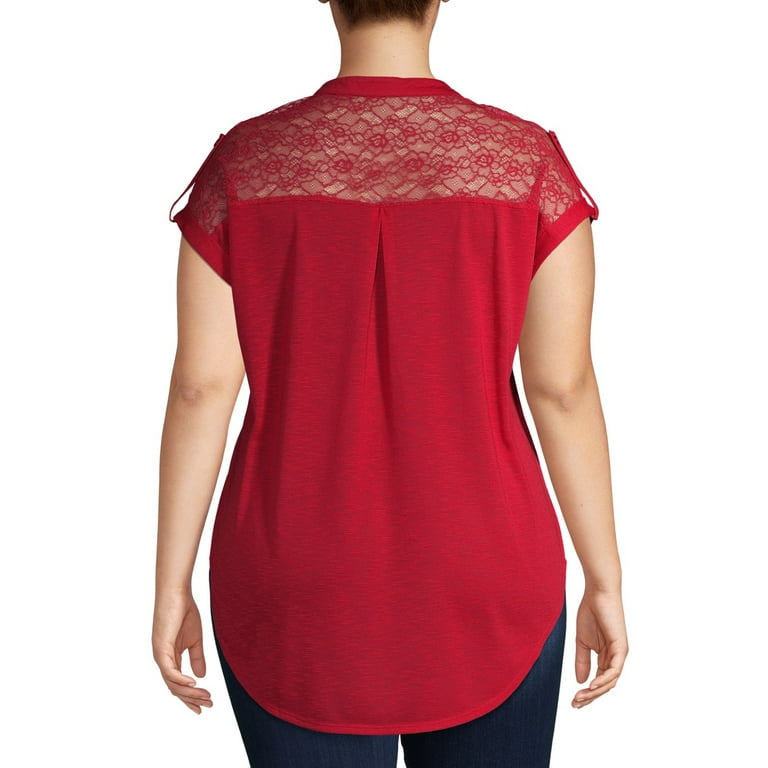 No Boundaries Juniors' Plus Size Mandarin Collar Lace Shoulder Utility  Shirt 