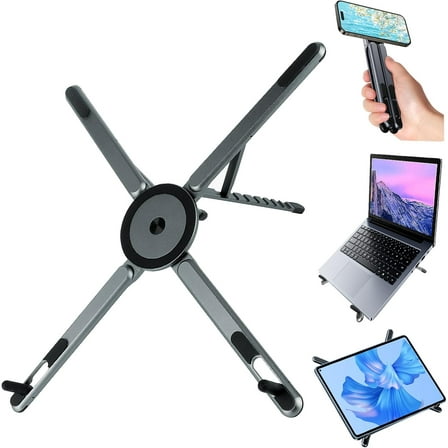 Foldable Laptop Stand for Desk, 3 in 1 Portable Holder for Laptop, Tablet & Phone with Magnetic Mount, Aluminum Alloy Holder with 8 Height Adjustment for 10–16" Laptops and 4–13" Phones/Tablets