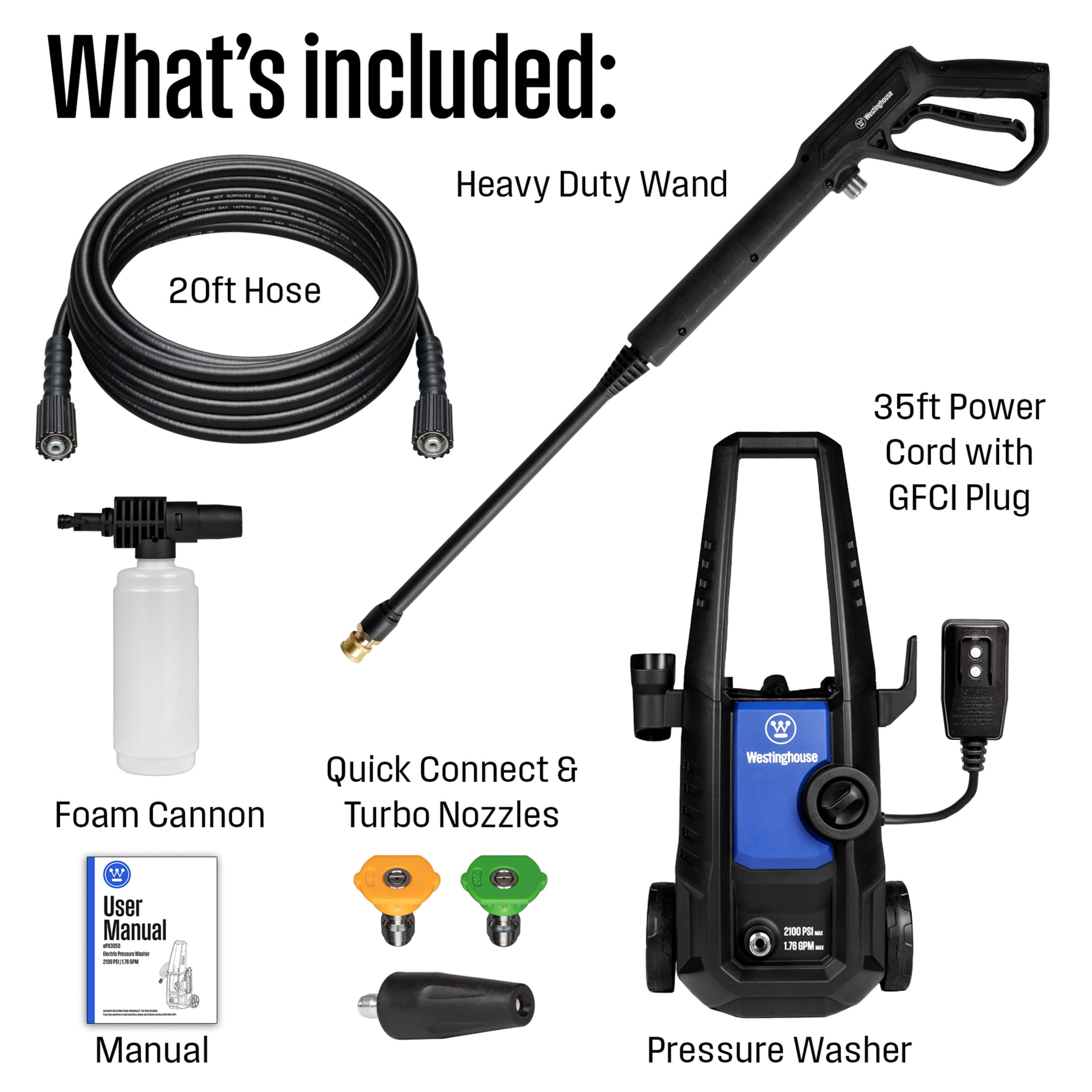 Westinghouse ePX3050 Electric Pressure Washer, 2100 Max PSI 1.76 Max GPM with Foam Cannon and Turbo Nozzle, for Cars/Fences/Driveways/Home/Patios