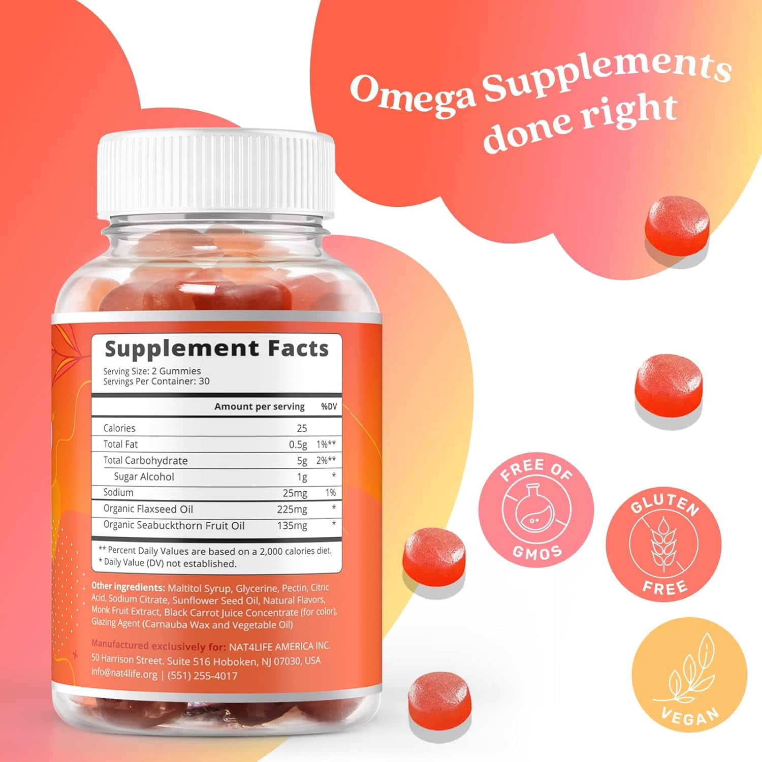 BeLive Omega 3 Gummies with Omegas 6, 7, & 9. Sugar-Free, Supports Brain, Heart, Eye & Immune System, For Adults & Kids, Peach Flavored