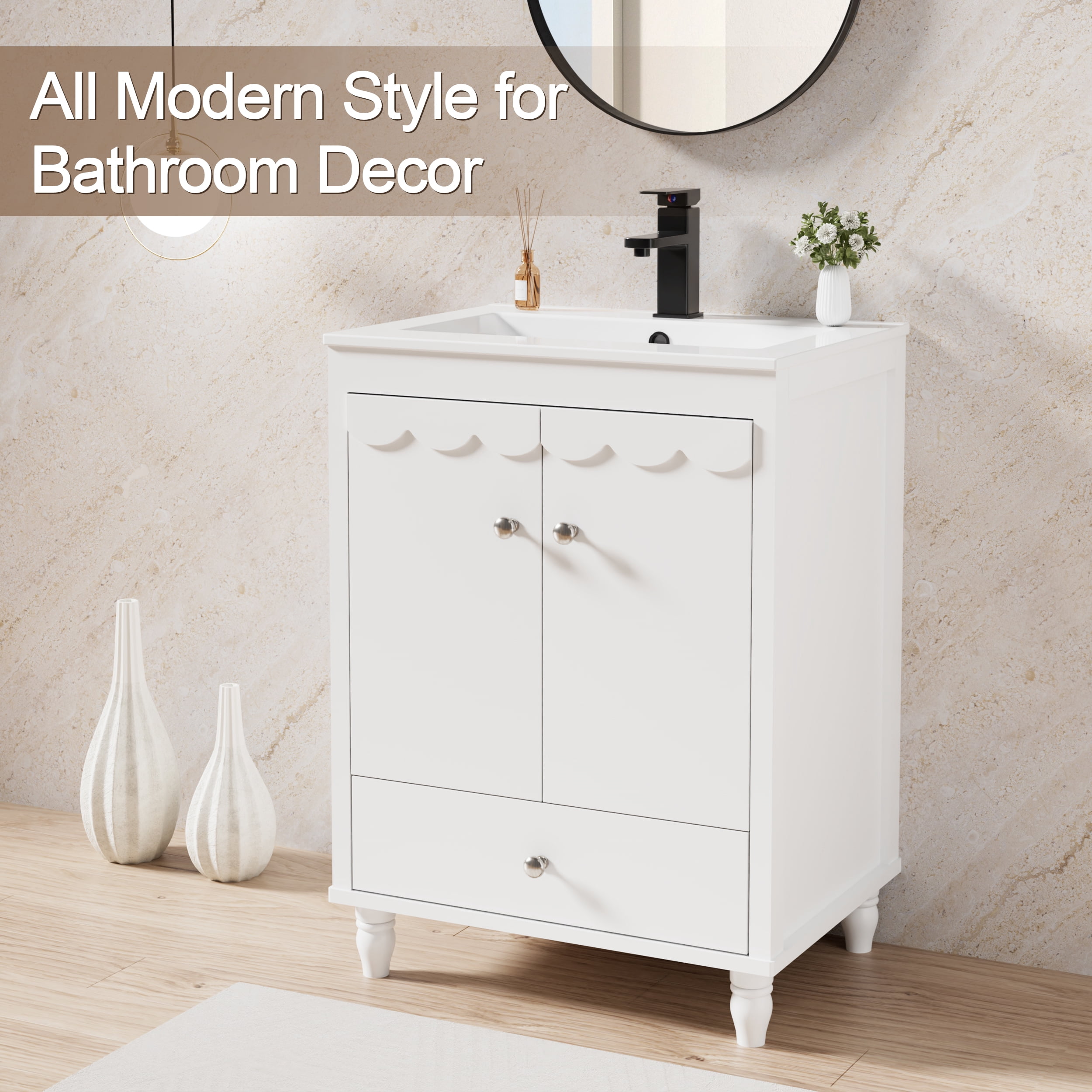 24" Single Bathroom Vanity with Ceramic Sink Top, Faucet, Decorative Wavy Edge