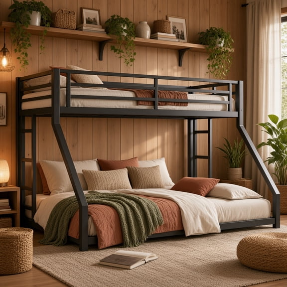 Twin XL over Queen Metal Bunk Bed, Space-Saving, Noise Reduced, No Box Spring Needed, Black