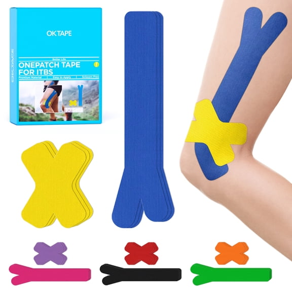 OK TAPE Precut Kinesiology Tape for Knee, Thigh, IT Band Pain Relief, 20 Strips, Provide Support & Stability, Elastic Athletic Tape, Waterproof Knee Tape for Running (Blue & Yellow)