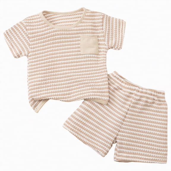 HCNTES Toddler Boy Knit Outfit Stripe Knit Pocket Short Sleeve Tee and Shorts for Daily Wear Toddler Boy Summer Clothes