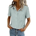 thumbnail image 2 of Solid Button Down Shirts for Women Short Sleeve Bust Pocket V Neck Collared Shirts Summer Business Casual Work Tops, Light Blue XXL, 2 of 7