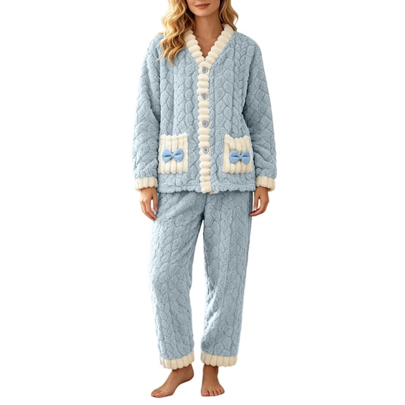 Womens Plush Thicken Pajamas 2PC Set Fluffy Soft Winter LoungewearWarm Sleepwear with Pockets, Long Sleev