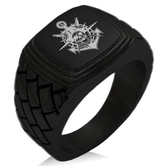 Stainless Steel Jolly Roger Pirate Skull Anchor Geometric Pattern Step-Down Biker Style Polished Ring