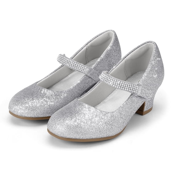 Kushyshoo Girl Mary Jane Shoes Low Heel Rhinestones Princess Flats Silver Dress Pump Shoes for Big Kid Size 2