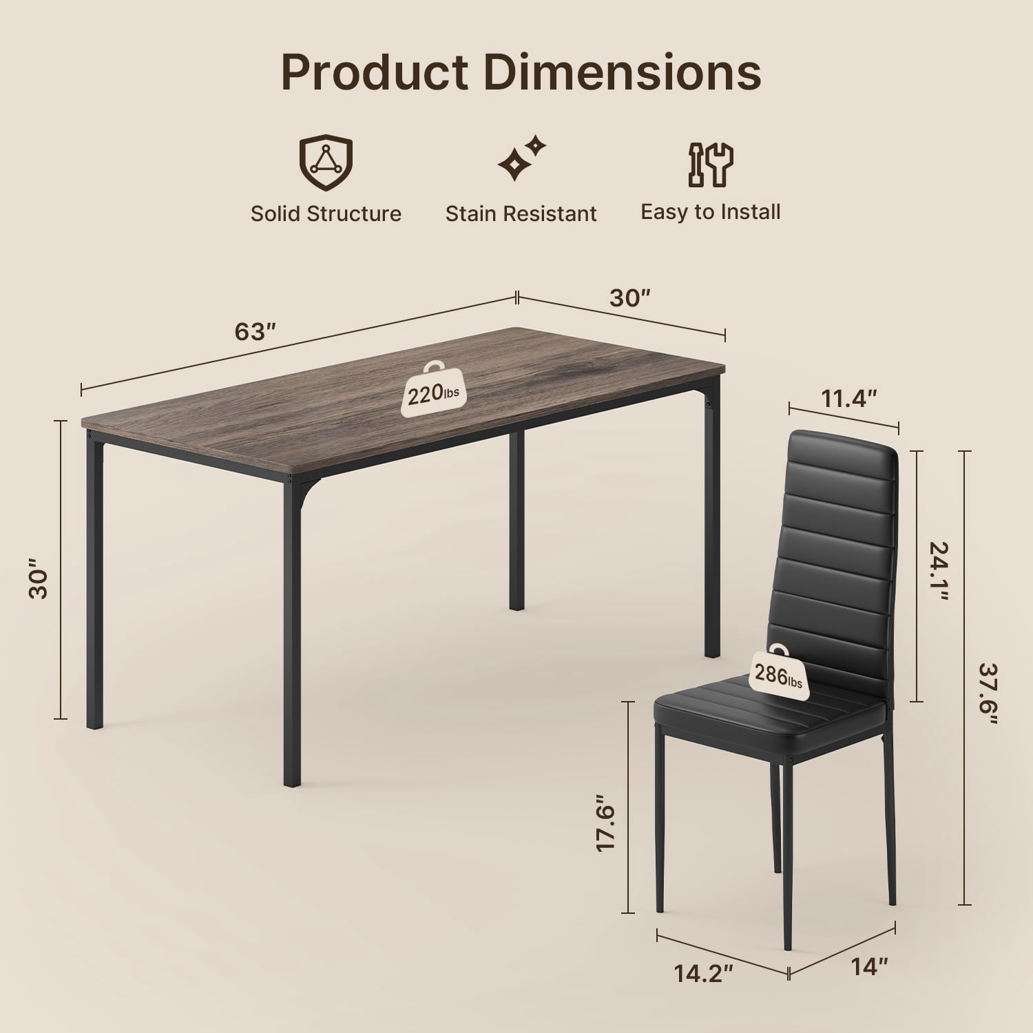 Dining Table Set for 6, Lofka 7 Piece Wooden Kitchen Table Set with 6 Upholstered PU Leather Chairs for Dining Room, Living Room, Apartment, Small Space,Gray
