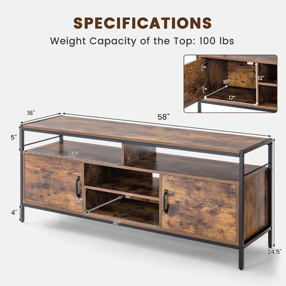 Finihen TV Stand, TV Cabinet, 58 Inch Industrial TV Stand with Cabinets and Adjustable Shelf for TVs up to 65 Inch, for Living Room, Brown