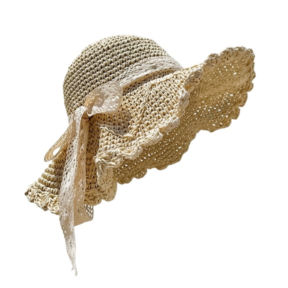 AirLoni Straw Hats For Women Elegant Lace Bow Hat Oversized Wide Brim UV Protection Natural Woven Lightweight Breathable Vacation Travel Outdoor Beach Hats Beige,A