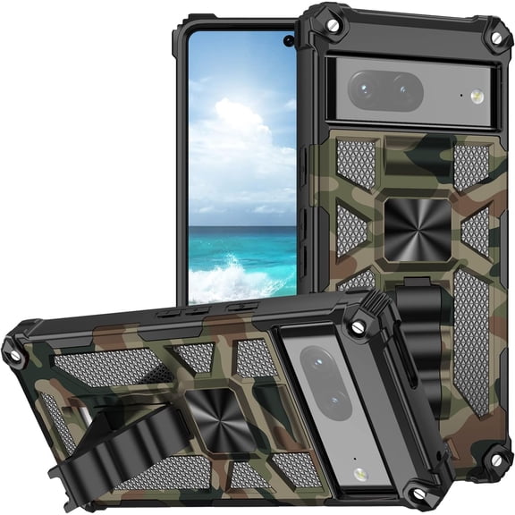 Camouflage Case for Google Pixel 7 with Magnetic Kickstand, Built-in 360° Rotate Ring Stand Magnetic Car Mount Cover Case Phone Cover Case for Google Pixel 7 MC Army Green