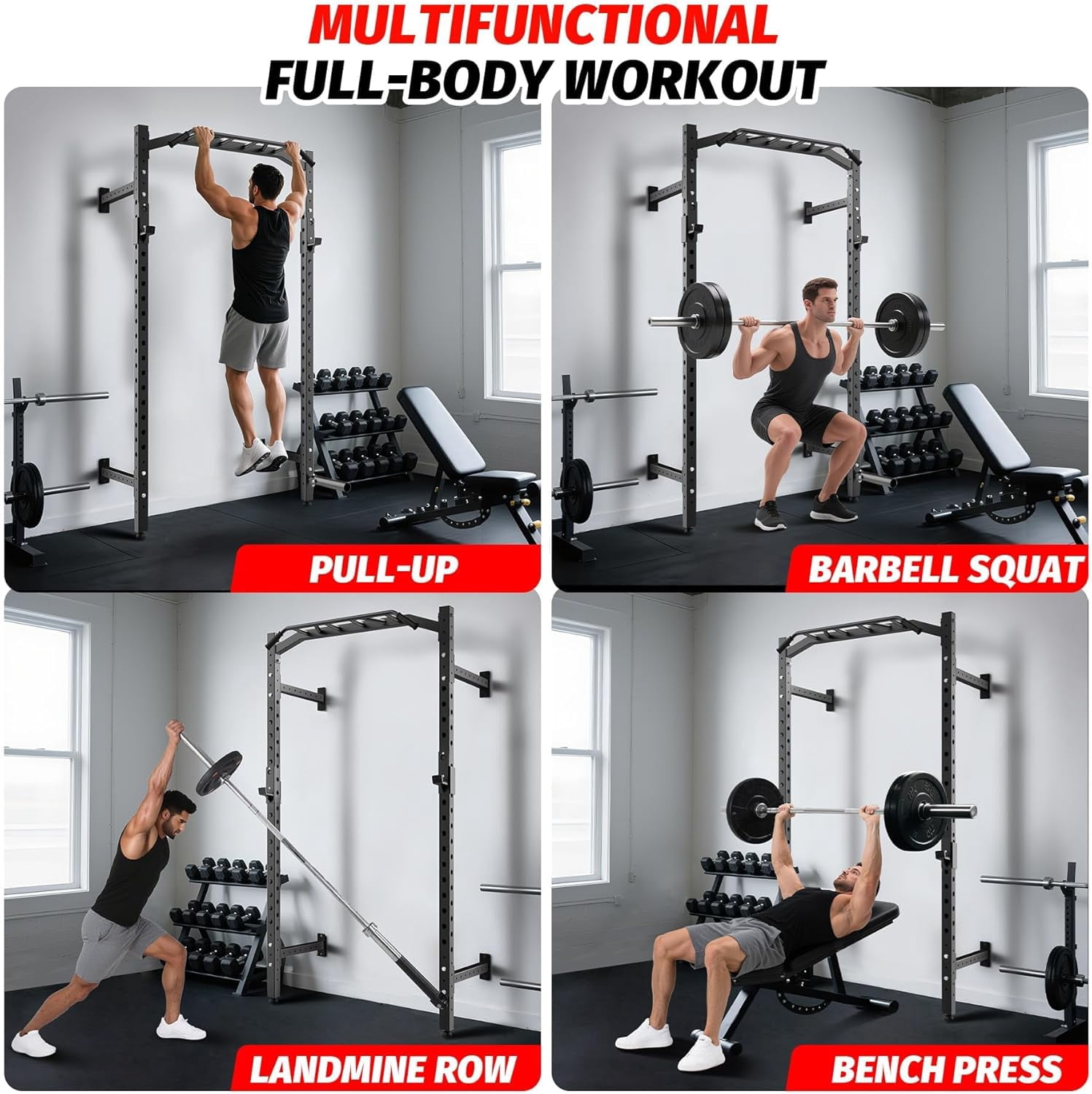 Commercial Wall Mounted Squat Rack, Heavy Duty Carbon Steel Home Gym Equipment with Multi-Grip Pull Up Bar, j-Cups & Landmine Attachment for Home and Garage Gym, Black/Red