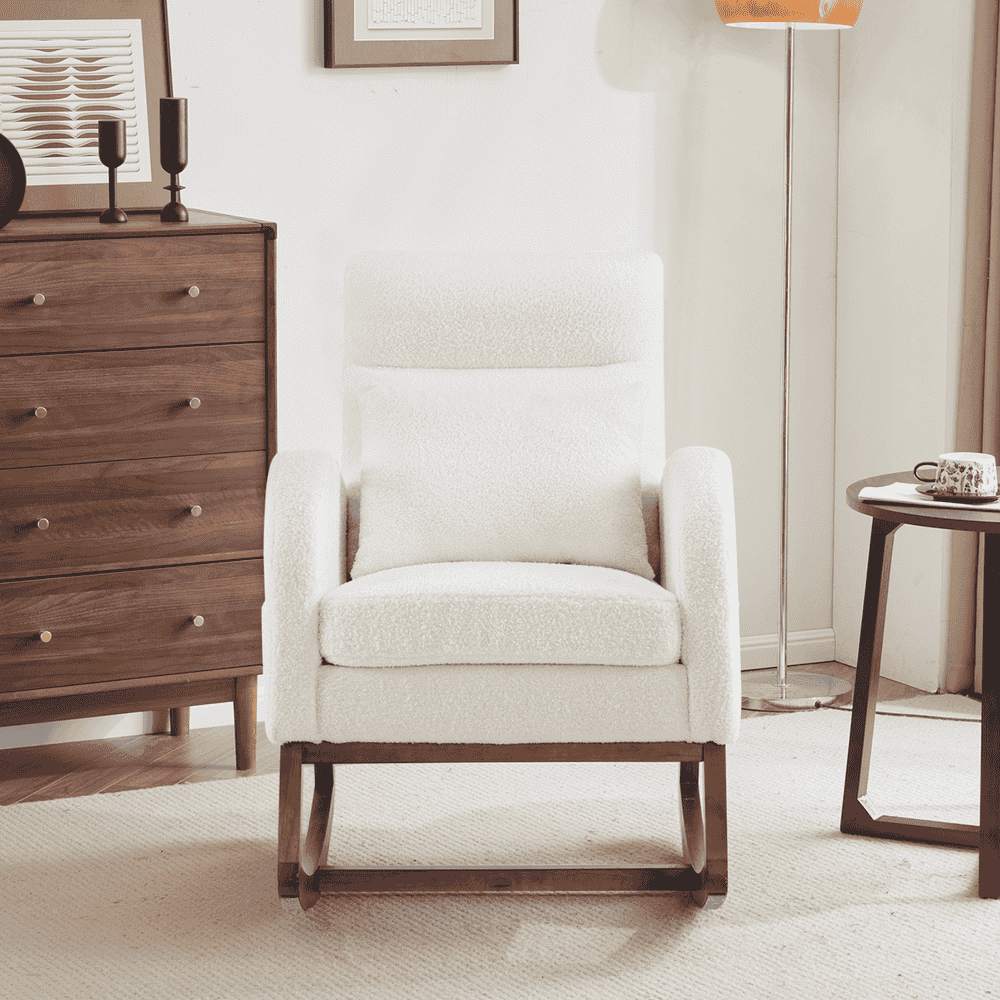 GVN Bedroom Rocking Chair Rocking Chairs & Gliders,White Rocking Chair Nursery With Thick Headrest, Modern Nursing Rocker Glider With Curved Armrest