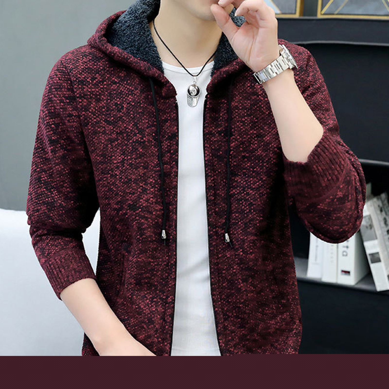 thumbnail image 5 of BXINGOHAI Mens Hoodies Knit Sweater, Full Zip Fleece Cardigan Sweaters Casual Slim Fit Knit Hooded Men Sweater Jacket Today Red,XXL, 5 of 5