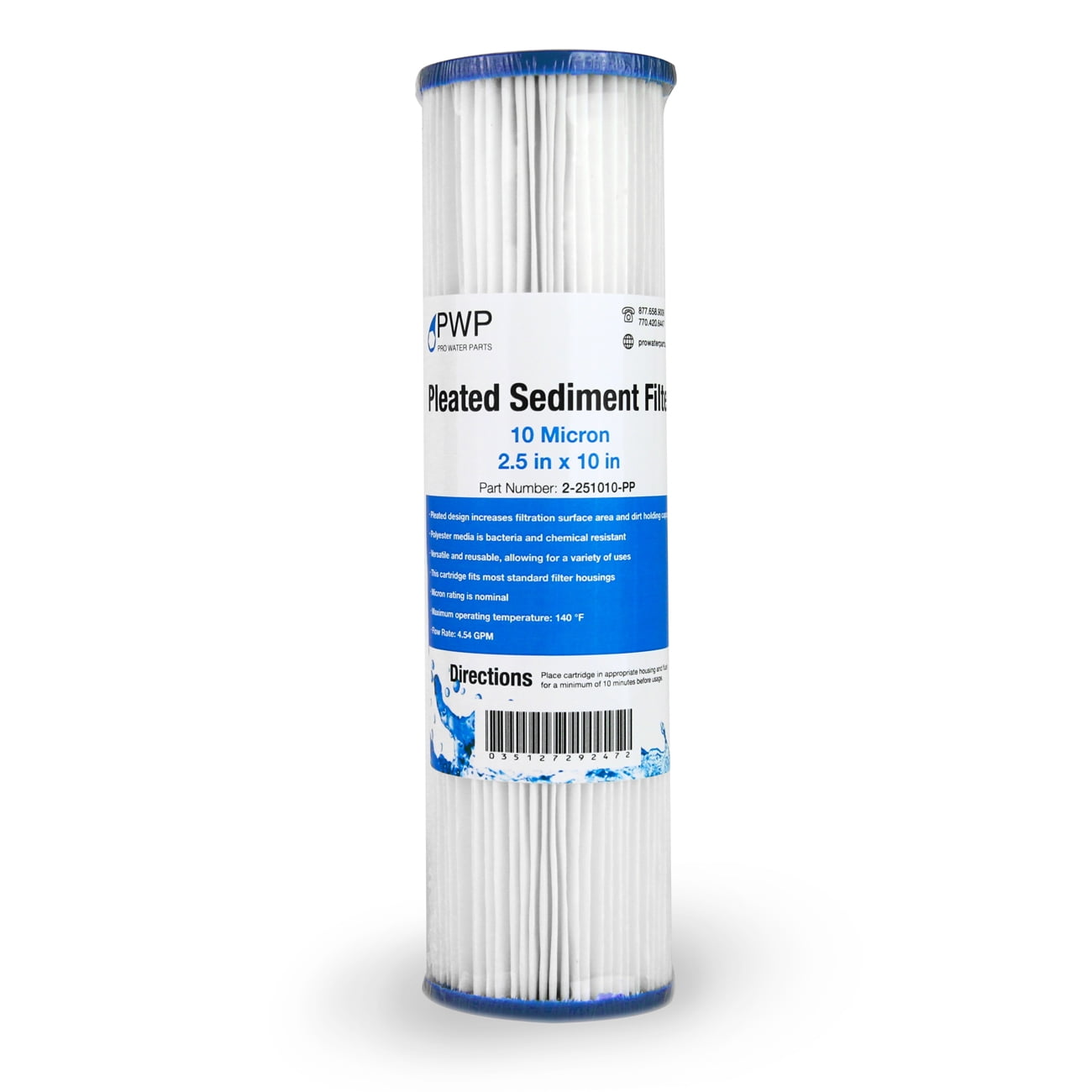 Pleated Poly Sediment Water Filter Cartridge Standard 2.5x10" 10 Micron