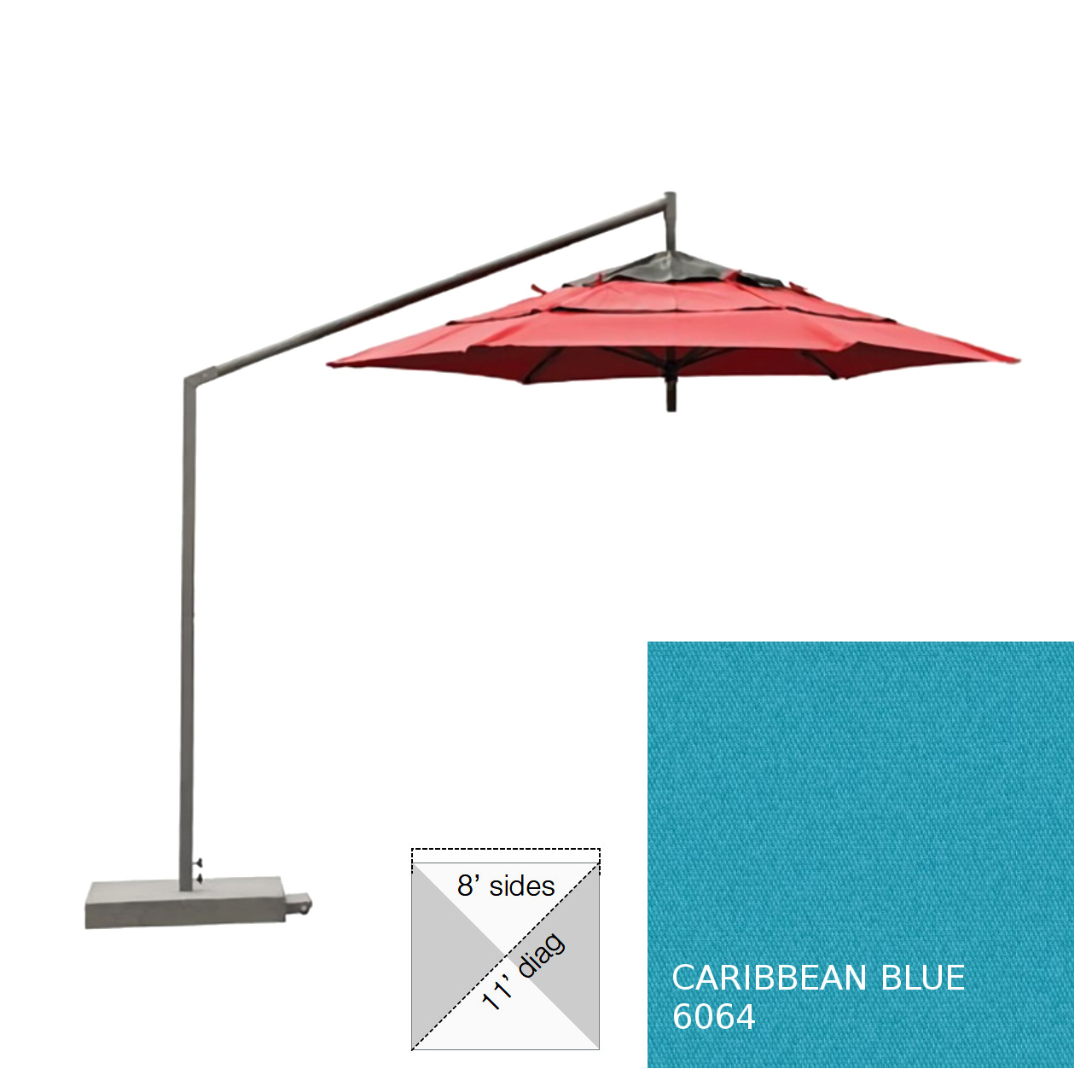 Cantilever 4 Rib 11Ft Square Market Umbrella Caribbean Blue
