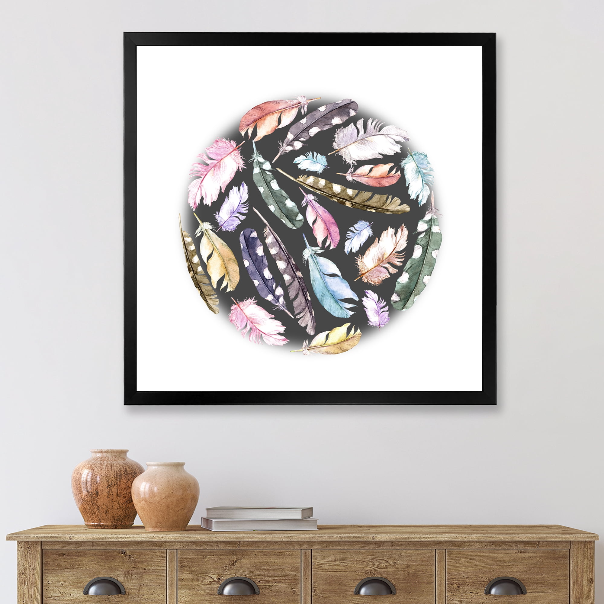 Designart 'Colorful Boho Feathers In Circle Shape' Bohemian & Eclectic Framed Art Print