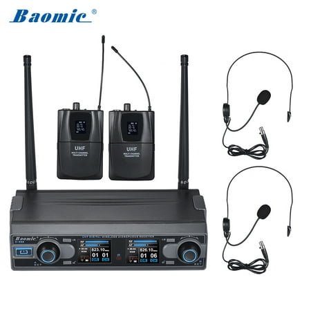 Baomic D-332 Professional Dual Channel UHF Digital Wireless Headset Microphone System 2 Microphones & 1 Receiver 6.35mm Audio Cable for Karaoke Family Party Performance Presentation Public