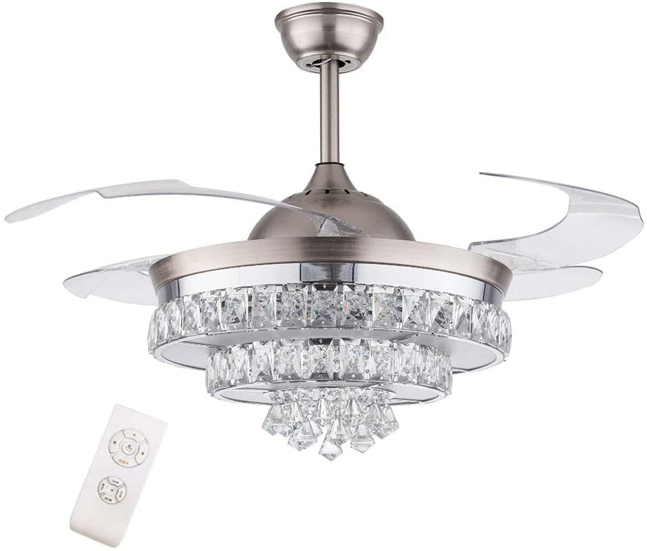 42" LED Crystal Ceiling Fan Light Retractable Blades 3-Color Change Chandelier 