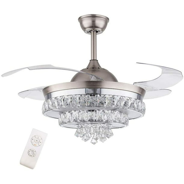 Tfcfl 42 Crystal Ceiling Fans Lights And Remote Control Retractable Blades Chandelier Fan Lamp 3 Color Changes Sd Com - Ceiling Fan Light Combo With Retractable Blades