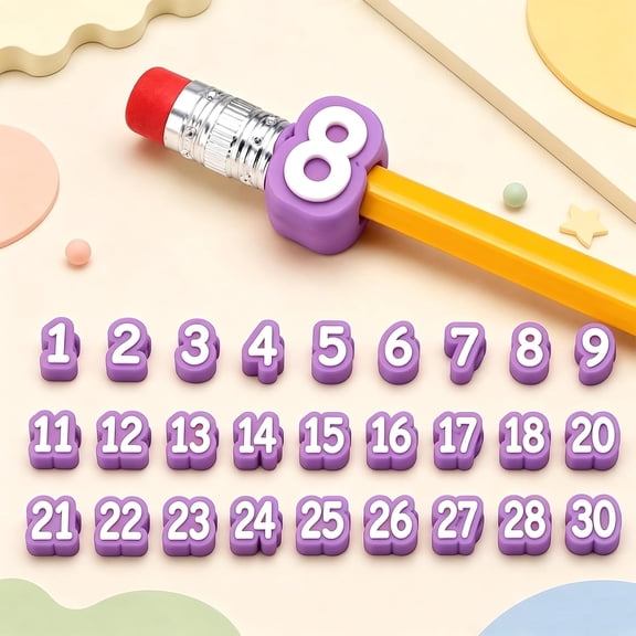 Numbered Pencil Toppers, Reusable Classroom Pencil Number Labels, Silicone Pencils Tracking Markers for Teacher, Students, Supply Stations and School Organization (Purple, 1-30 Set)