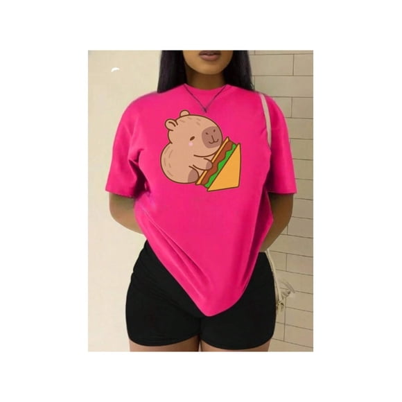 Playera Blusa De Capybara Comiendo Sandwich Ropa Divertida Para Mujer Capibara Color Fucsia Talla Chica Marca Emil SaEs