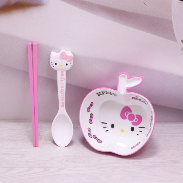 Juego de cubiertos Kawaii Hello Kitty para niños, vajilla de Anime Sanrio, tazón, bandeja de frutas, plato de cena, tazón de arroz de alimentación para bebés, regalo para niños