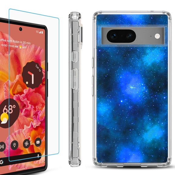 Shockproof Bumper Phone Case for Google Pixel 7, with Tempered Glass Screen Protector, by OneToughShield ® - Cosmos/Stars