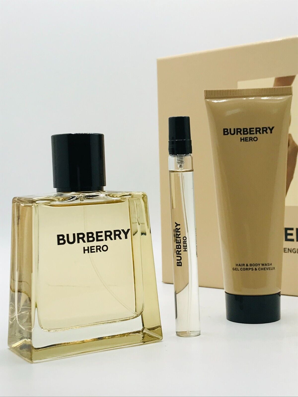 Burberry Hero 3 PCS Giftset ( 3.3 oz. & 10 ml. EDT Spray + 2.5oz S/G