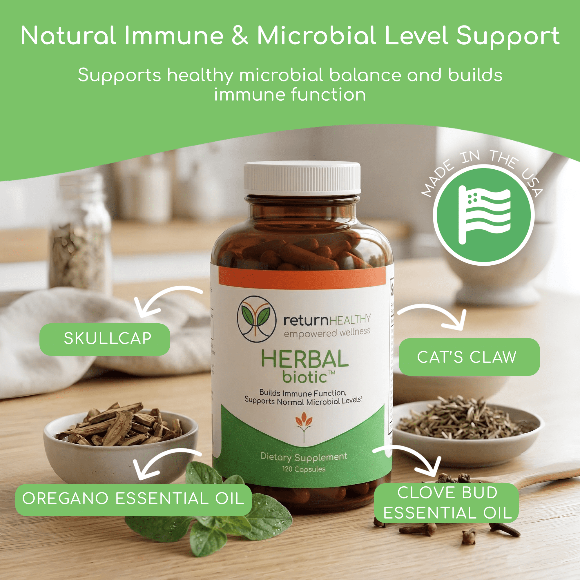 Return Healthy Herbal Biotic Immune Supplement for Women & Men, Natural System Booster with Cat's Claw for Probiotic Gut Balance, 120 Vegan Capsules