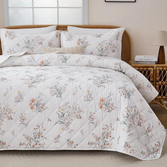 King Quilt Set for Bed - 100% Cotton Quilts King Size, Vintage Style Garden Floral Bedspreads with 2 Pillowcases, 3 Pcs Botanical Reversible Breathable Bedding for All Season