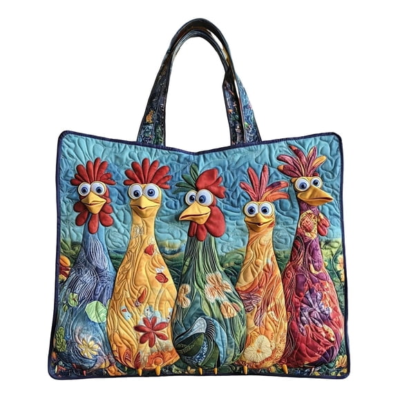 ZORVINEX Quilted Chicken Tote Bag - Whimsical Rooster Patchwork Shoulder Bag for Market, Beach, and Everyday Use - Spacious Handbag with Sturdy Handles, Perfect Gift for Chicken Lovers C