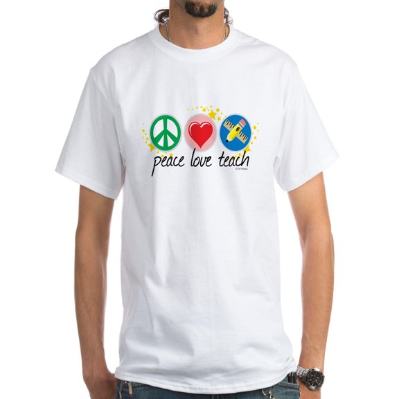 CafePress - Peace Love Teach White T-Shirt - Men's Classic T-Shirts