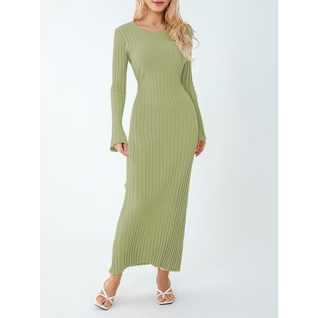 xiaxaixu Robe en Tricot pour Femmes, Manches Longues Élégantes Col Rond Côtelé Robe Longue d'Automne Mode Urbaine