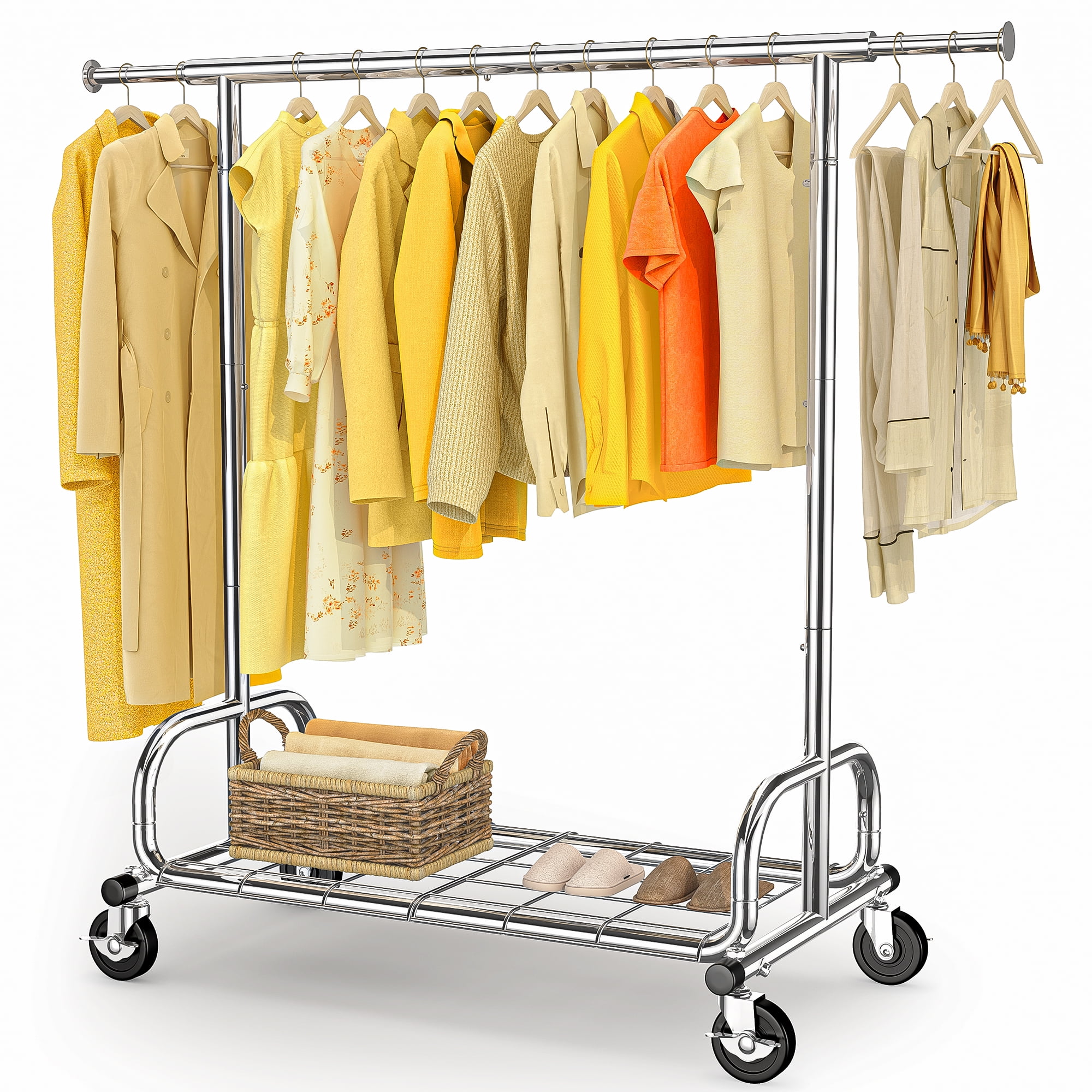 HOKEEPER Heavy Duty Clothing Rack with Shelves 300 lbs Capacity, Commercial Grade Rolling Garment Rack with Wheels, Compact Steel Clothes Rack for Small Spaces, Silver