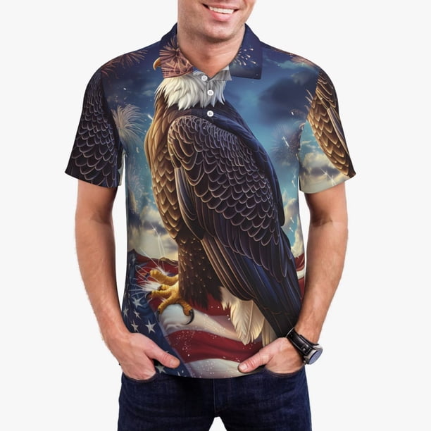 Fotbe Night Sky Bald Eagle Camiseta Polo de Golf para Hombre con Estampado – Camisa Deportiva Transpirable con Cuello Abotonado-Small