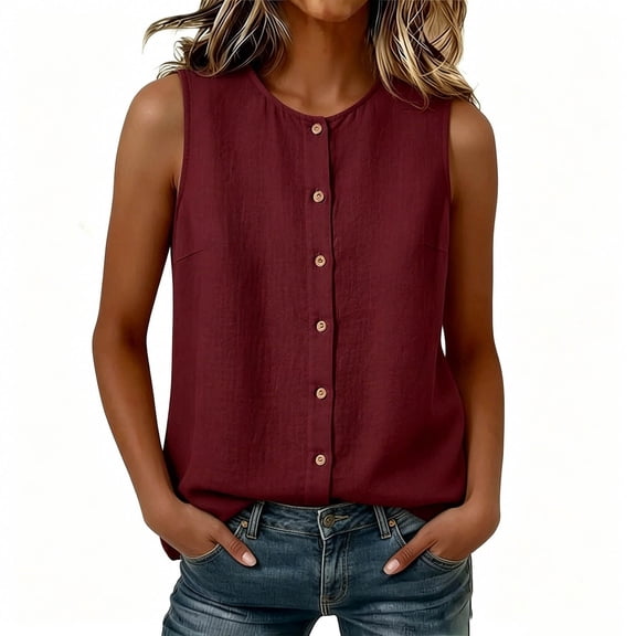WAGUTH Women's Cotton Linen Tank Tops Sleeveless Crew Neck Button Down Shirts Casual Summer Blouses