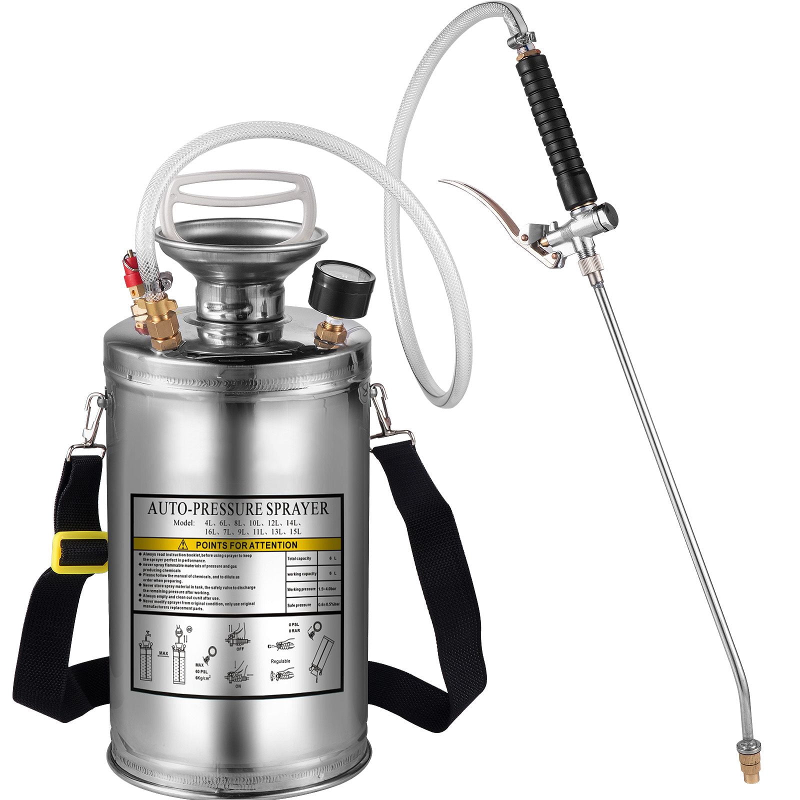 1.5 Gallon Stainless Steel Sprayer, 1.5-4.0 Bar Pressure, Adjustable Brass Nozzle, Pressure Gauge, Shoulder Strap for Garden Cleaning Disinfection