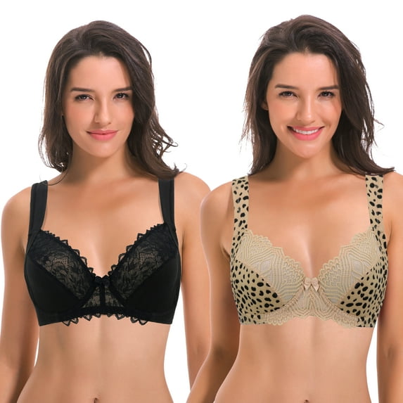 Curve Muse Women's Plus Size Unlined Underwire Lace Bra with Cushion Straps-2PK-NUDE/BLACK,BLACK-46C