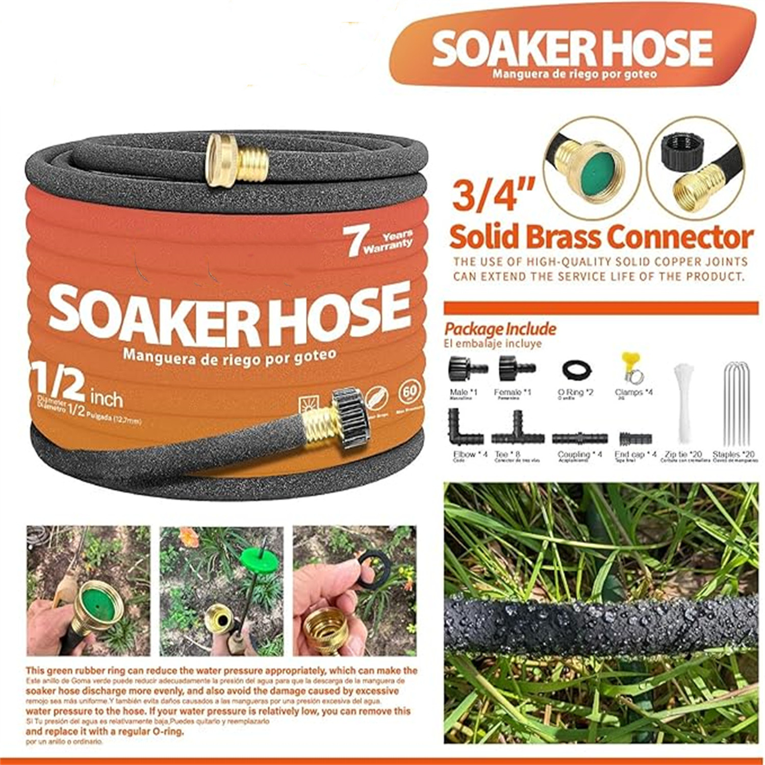 "150FT Heavy-Duty 1/2 Inch Soaker Hose with 3/4 Inch Solid Brass Connector - Leakproof Garden Watering System for Gardens, Lawns, Flower & Vegetable Beds "