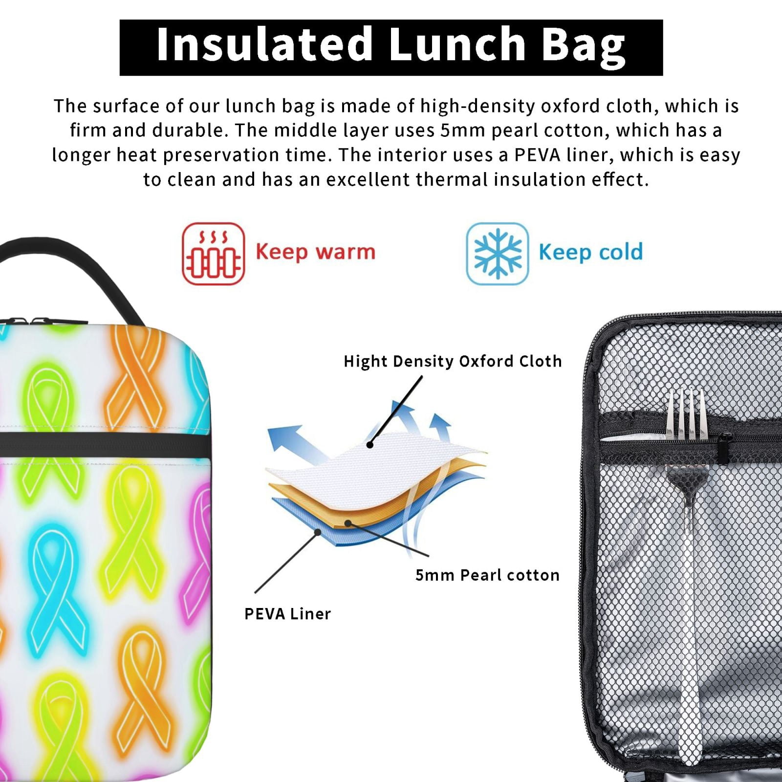 Lunch Bag For Women Men Insulated Portable Lunch Box Bento Box Office Picnic Travel Cooler Bag Cancer Awareness Ribbon Pattern - Neon Vibrance