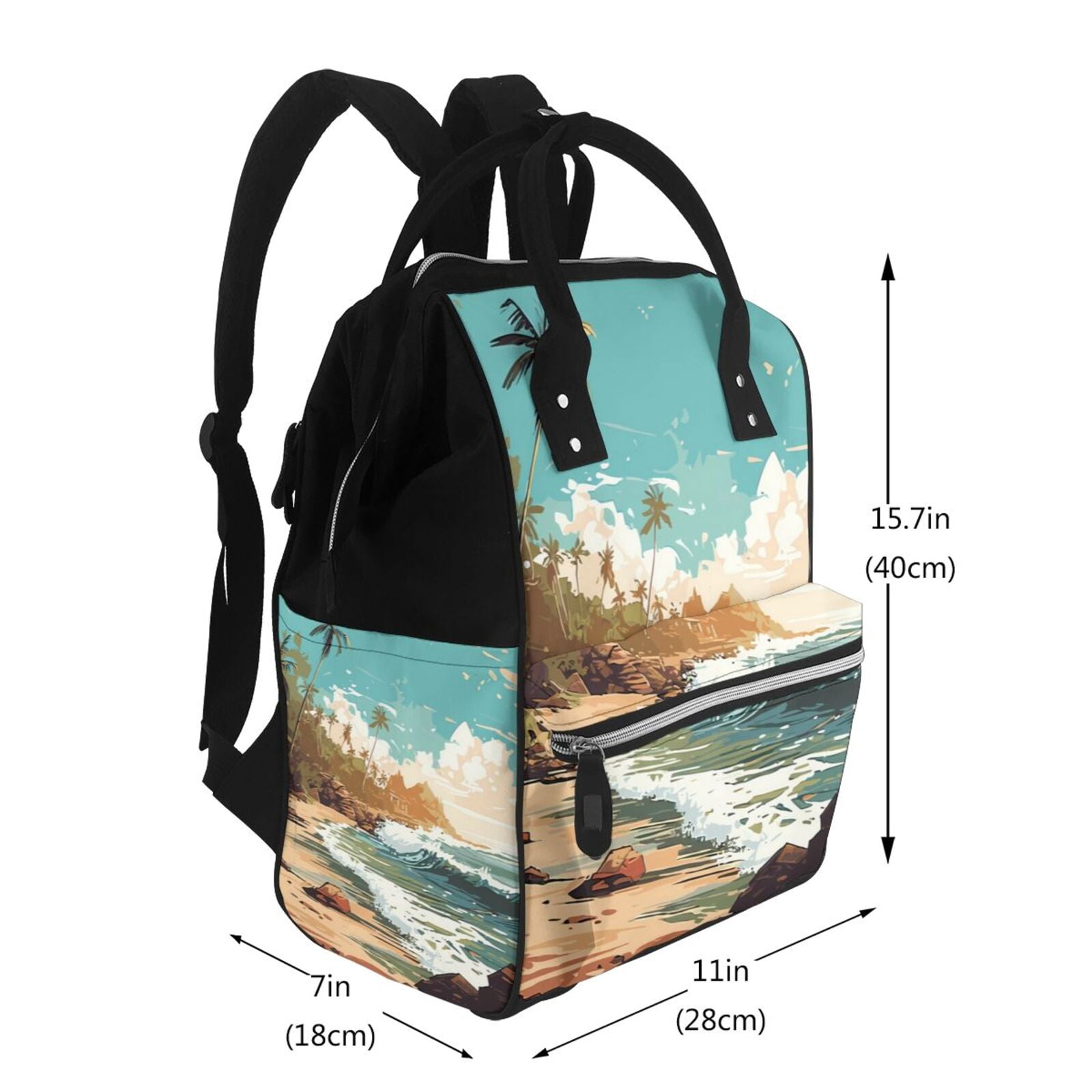 Ratiio Coastal Palm Beach Mummy Backpack - Waterproof Twill Canvas, Large Capacity Diaper Bag with Multiple Pockets and Adjustable Straps